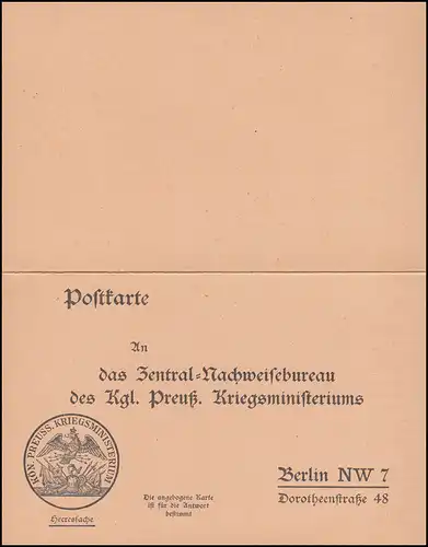 Bureau de la preuve militaire Kgl. Pruss. Ministère de guerre Berlin NW 7, non utilisé