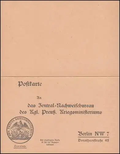 Bureau de la preuve militaire Kgl. Pruss. Ministère de guerre Berlin NW 7, non utilisé