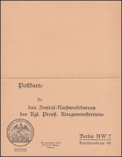 Heeressache Nachweisebüro Kgl. Preuß. Kriegsministerium Berlin NW 7, ungebraucht