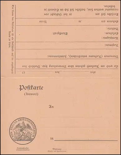 Bureau de la preuve militaire Kgl. Pruss. Ministère de guerre Berlin NW 7, non utilisé