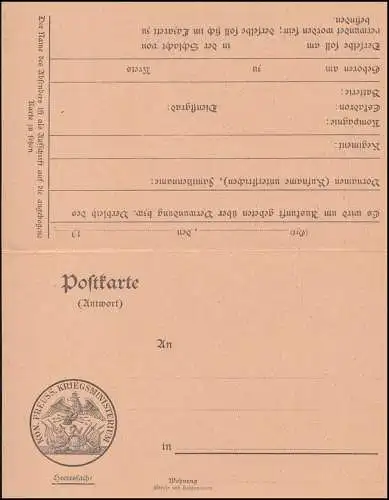 Bureau de la preuve militaire Kgl. Pruss. Ministère de guerre Berlin NW 7, non utilisé