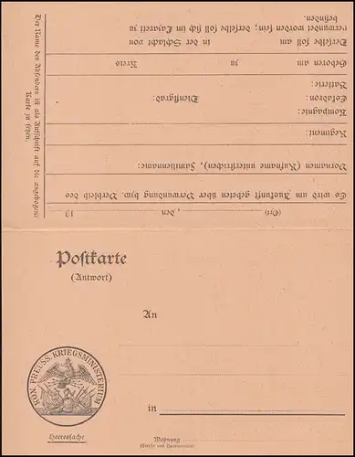 Heeressache Nachweisebüro Kgl. Preuß. Kriegsministerium Berlin NW 7, ungebraucht