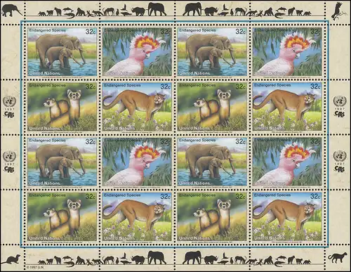 UNO New York 732-735 Gefährdete Arten V - Fauna 1997, ZD-Bogen **