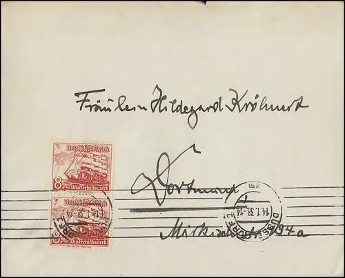 655 WHW navires 8 p. paire verticale sur lettre DÜSSELDOREF 14.1.38 n. Dortmund