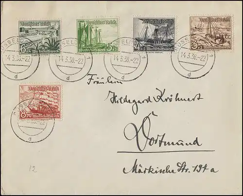 651-655 WHW navires 3 à 8 Pf sur lettre, 5 valeurs, DÜSSELDORF 14.3.1938