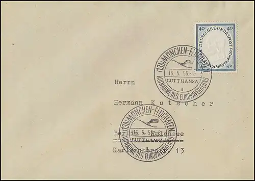 210 Schiller sur lettre S.S. MÜNCHEN Lufthansa - Accueil des transports européens 16.5.55