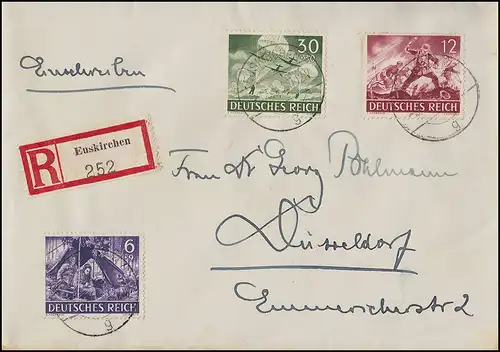 834+836+840 Wehrmacht 6+12+30 Pf. R-Brief EUSKIRCHEN 8.5.1943 nach Düsseldorf