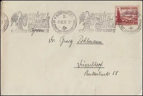 656 WHW Schiffe EF auf Brief Werbestempel NÜRNBERG Reichsparteitage 21.12.37