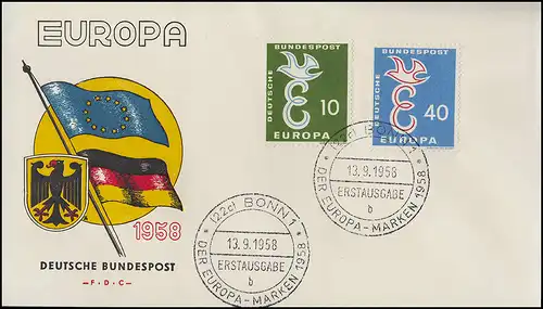 295-296 CEPT Europa-Marken 1958 als Satz auf Schmuck-FDC ESSt Bonn b 13.9.1958
