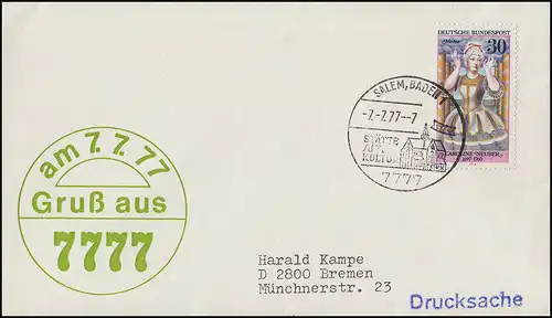 908 Schauspielerin 30 Pf EF Schmuck-Umschlag Gruß aus 7777 am 7.7.77-7 SSt SALEM