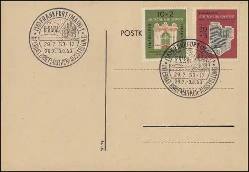 171-172 IFRABA 1953 sur carte de vue FDC Le Trésor ESSENT FRANKFURT/MAIN 29.7.53