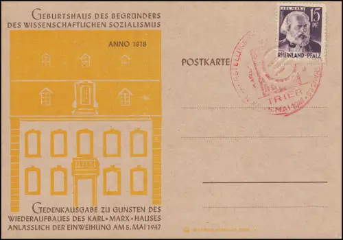 Marx FDC-Sonderpostkarte ANNO 1818 graues Papier ESSt TRIER 5.5.1947