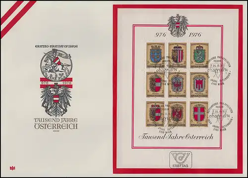 Block 4 1000 Jahre Österreich - Wappen auf Schmuck-FDC ESSt Wien 1976