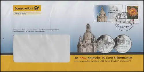 Plusbrief F 160 Frauenkirche+Dahlie: Werbung 10-Euro-Silbermünze WEIDEN 18.9.06