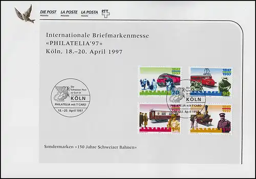 Schweiz 1601-1604 Schweizer Bahnen auf Sonderblatt PHILATELIA Köln 1997 mit SSt 