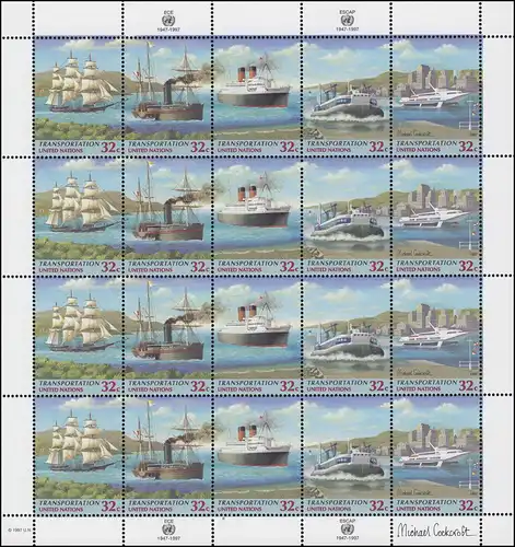 UNO New York 741-745 ECE und ESCAP: Verkehrswesen Schiffe 1997, ZD-Bogen **