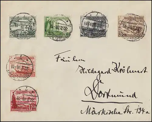 651-656 WHW Schiffe 3-12 Pf auf Brief (6 Werte) DÜSSELDORF 22.2.1938