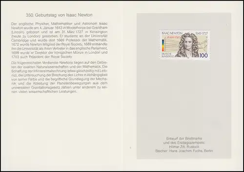Carte pliante Service postal Dr Klaus Zumwinkel: 1646 Newton 14.1.1993 - SANS tampon!