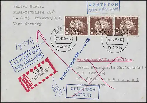 854 IuT 100 Pf senkrechter Dreierstreifen auf R-Auslandsbrief PFREIMD 24.6.85