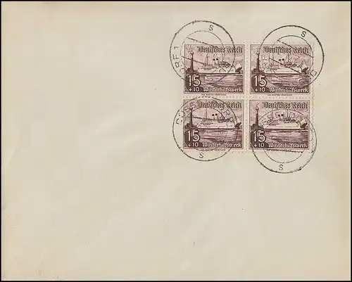 657 WHW 15 Pf. Fährschiff als Viererblock auf Umschlag DÜSSELDORF 1 s 3.2.1938