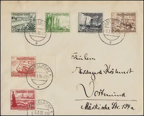 651-656 navires WHW 3 à 12 pf. sur lettre, 6 valeurs, DÜSSELDORF 3.3.38