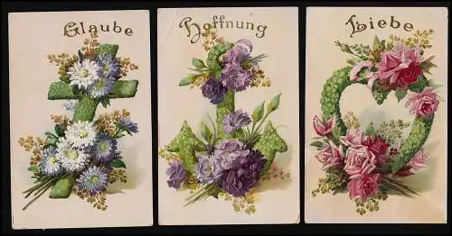 AK Set Liebe Glaube Hoffnung Herz, Anker, Kreuz Blumen, Weisweiler Juli 1907