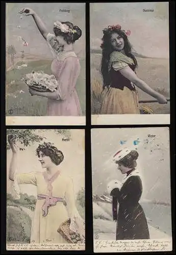 Foto AK Nr 4063 Jahreszeiten Frauen Natur teilweise gelaufen/ ungebraucht 1904