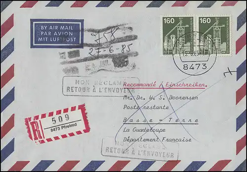 505 IuT zweimal 160 Pf. auf R-Auslandsbrief PFREIMD 13.6.85 nach Guadeloupe