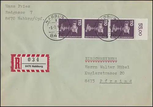 1134 IuT 110 Pf senkrechter OR-Dreierstreifen als MeF auf R-Brief NABBURG 3.7.85