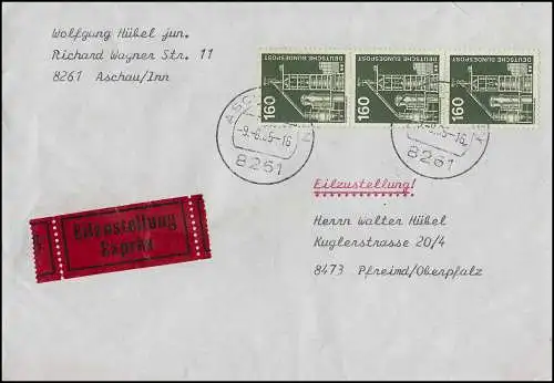 857 IuT 160 Pf. senkrechter Dreierstreifen als MeF auf Eil-Brief ASCHAU 9.8.85