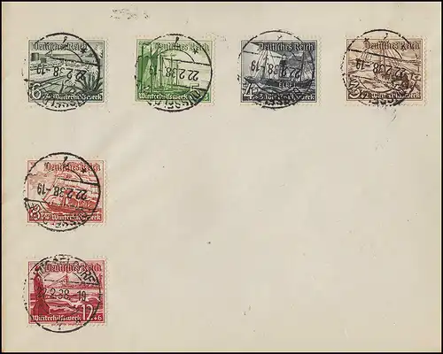 651-656 WHW Schiffe 3-12 Pf. Teil-Satz, 6 Werte auf Umschlag DÜSSELDORF 22.2.38
