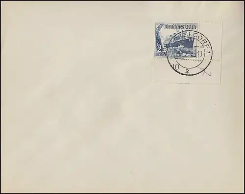 658 WHW 25 Pf. Dampfer als Ecke unten rechts auf Umschlag DÜSSELDORF 3.2.38