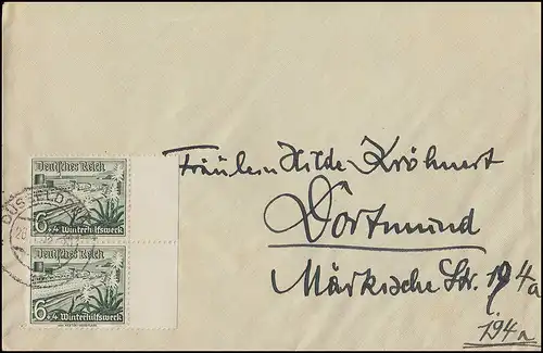 654 WHW Schiffe 6 Pf. senkrechtes Randpaar als MeF auf Brief DÜSSELDORF 26.2.38