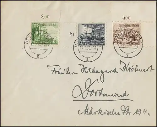 651+652+653 WHW Schiffe 3+4+5 Pf Randstücke MiF auf Brief DÜSSELDORF 11.2.38