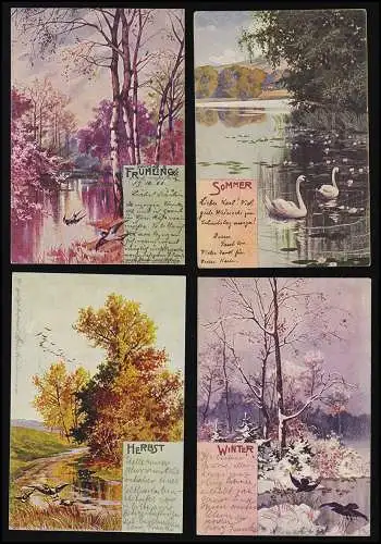 Artiste AK Set 4 saisons Peintures, nature Oiseaux cours d'eau 1900/ 1901