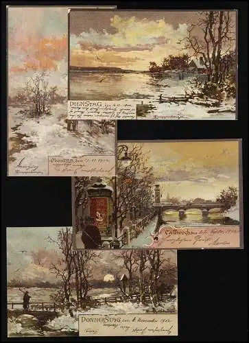 AK Set Journées hebdomadaires Salut d'hiver sign. Guggenberger, M.Seeger, Gdansk/Oliva 1902
