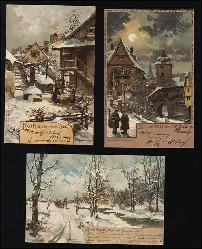 AK Set Journées hebdomadaires Salut d'hiver sign. Guggenberger, M.Seeger, Gdansk/Oliva 1902