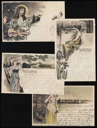 AK Set Tages, Art Nouveau Femmes sign. H. Fründt Editeur M.Kimmelstiel Hambourg 1900