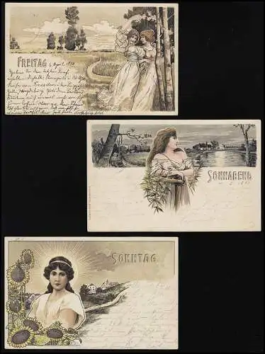 AK Set Tage, Jugendstil Frauen sign. H. Fründt Verlag M.Kimmelstiel Hamburg 1900