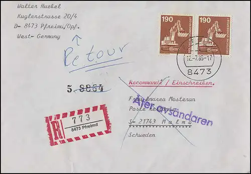 1136 IuT deux fois 190 p. sur lettre R extérieure FREIMD 12.7.85 vers Malmö 16.7.86