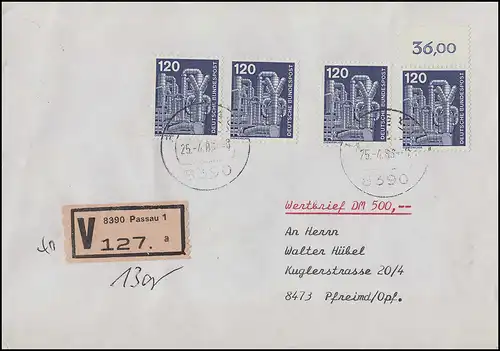 855 IuT 120 Pf. mit OR und drei Einzelmarken MeF auf Wert-Brief PASSAU 25.4.83