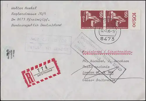 992 IuT 150 Pf. als senkreches OR-Paar auf R-Auslandsbrief PFREIMD 12.7.85