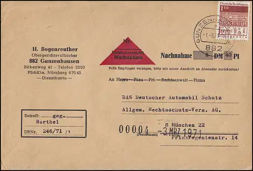 501 Bauwerke 1,10 Pf portogerechte EF auf NN-Brief GUNZENHAUSEN 1.3.71 n.München