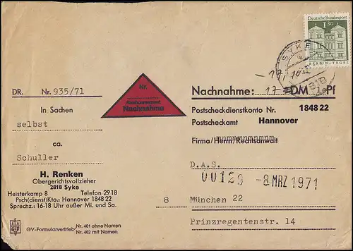 502 Bâtiments 1,30 Pf portofälfegele EF sur la lettre NN SYKE mars 1971 à Munich