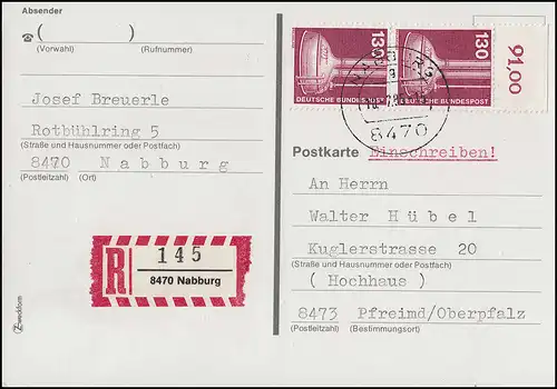 1135 IuT 130 Pf senkrechtes OR-Paar MeF R-Postkarte NABBURG 10.2.85 nach Pfreimd