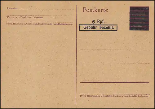 Behelfsausgabe Postkarte C 617a, 6 Rpf. Gebühr bezahlt, ungebraucht
