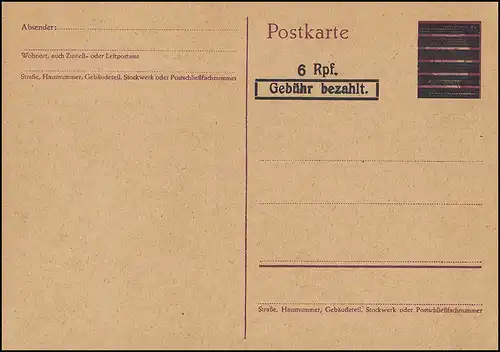 Édition d'aide Carte postale C 617a, 6 Rpf. taxe payée, non utilisée