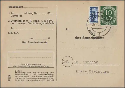 128 Posthorn 10 Pf. avec victime d'urgence en EF sur carte postale Office de l'état civil HEIDE 6.6.52