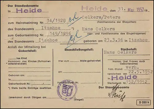 128 Posthorn 10 Pf. mit Notopfer als EF auf Postkarte Standesamt HEIDE 6.6.52