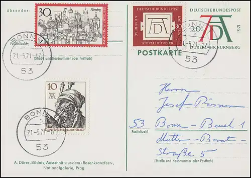 PSo 3/05 Dürerjahr mit passender Zusatzfrankatur als FDC Ersttags-O BONN 21.5.71